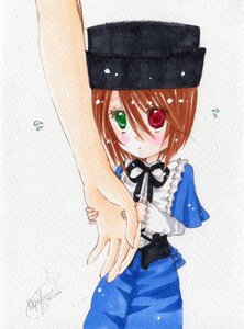 Rating: Safe Score: 0 Tags: 1girl black_headwear black_neckwear blush bow brown_hair dress flying_sweatdrops green_eyes hat heterochromia image long_sleeves looking_at_viewer outstretched_arm red_eyes short_hair solo souseiseki User: admin