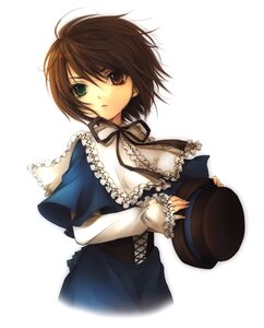Rating: Safe Score: 0 Tags: 1girl brown_hair capelet frills green_eyes hat hat_removed headwear_removed heterochromia holding holding_clothes holding_hat image long_sleeves looking_at_viewer mizunomoto red_eyes ribbon rozen_maiden short_hair simple_background solo souseiseki striped top_hat vertical_stripes User: admin