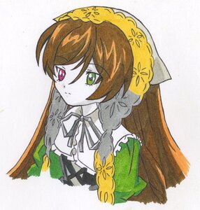 Rating: Safe Score: 0 Tags: 1girl braid brown_hair dress eyebrows_visible_through_hair flower frills green_dress green_eyes head_scarf heterochromia image long_hair neck_ribbon red_eyes ribbon simple_background solo suiseiseki traditional_media upper_body white_background User: admin
