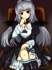 Rating: Safe Score: 0 Tags: 1girl chair detached_collar dress frills hairband image kneehighs leg_garter long_hair long_sleeves looking_at_viewer red_eyes silver_hair sitting solo suigintou very_long_hair wings User: admin