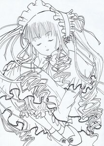 Rating: Safe Score: 0 Tags: 1girl blush bonnet bow closed_eyes dress drill_hair frills image long_hair long_sleeves monochrome shinku solo twin_drills twintails very_long_hair User: admin