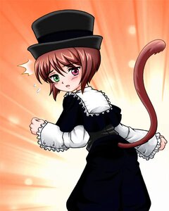 Rating: Safe Score: 0 Tags: 1girl :o black_headwear blush brown_hair frills green_eyes hat heterochromia image long_sleeves looking_at_viewer looking_back open_mouth short_hair solo souseiseki surprised tail top_hat User: admin