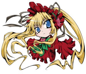 Rating: Safe Score: 0 Tags: 1girl blonde_hair blue_eyes bow bowtie dress flower green_bow image long_hair looking_at_viewer pink_rose rose shinku simple_background solo twintails white_background User: admin