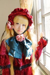 Rating: Safe Score: 0 Tags: 1girl blonde_hair blue_eyes bonnet dress flower long_hair looking_at_viewer photo red_dress rose shinku solo User: admin