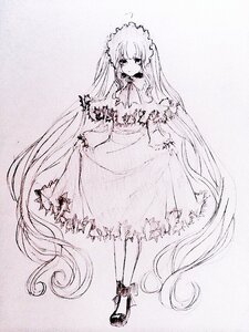 Rating: Safe Score: 0 Tags: 1girl bangs bow dress full_body image long_hair long_sleeves looking_at_viewer monochrome patchouli_knowledge shinku shoes solo standing traditional_media very_long_hair User: admin