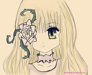 Rating: Safe Score: 0 Tags: 1girl bangs blonde_hair brown_background choker closed_mouth collarbone eyebrows_visible_through_hair flower hair_flower hair_ornament image kirakishou leaf long_hair looking_at_viewer plant portrait simple_background solo white_flower User: admin
