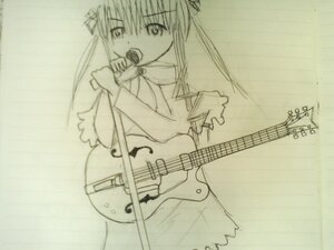 Rating: Safe Score: 0 Tags: 1girl acoustic_guitar bass_guitar dress electric_guitar guitar holding_instrument image instrument long_hair microphone monochrome music musical_note playing_instrument plectrum shinku singing solo User: admin