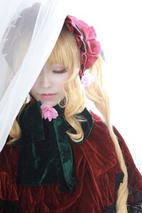 Rating: Safe Score: 0 Tags: 1girl blonde_hair closed_eyes closed_mouth dress flower hairband lips long_hair pink_rose rose shinku simple_background solo white_background User: admin