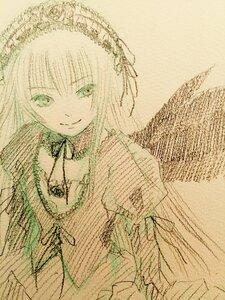 Rating: Safe Score: 0 Tags: 1girl closed_mouth dress frills green_eyes image long_hair long_sleeves looking_at_viewer monochrome simple_background smile solo suigintou traditional_media upper_body User: admin