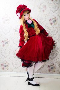 Rating: Safe Score: 0 Tags: 1girl blonde_hair blue_eyes bonnet bow dress flower full_body hat lips lolita_fashion long_hair long_sleeves pantyhose red_dress rose shinku shoes solo standing white_legwear User: admin