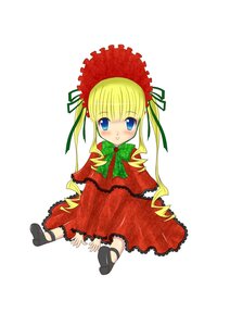 Rating: Safe Score: 0 Tags: 1girl blonde_hair blue_eyes blush bonnet bow bowtie dress full_body green_bow green_neckwear image long_hair long_sleeves looking_at_viewer red_dress shinku shoes simple_background sitting solo twintails white_background User: admin