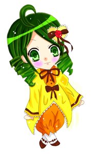 Rating: Safe Score: 0 Tags: 1girl blush bow chibi drill_hair full_body green_eyes green_hair image kanaria long_sleeves simple_background solo standing twin_drills white_background User: admin