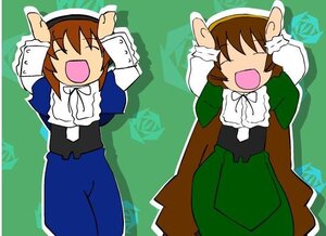 Rating: Safe Score: 0 Tags: 1girl :d arms_up brown_hair closed_eyes dress green_background head_scarf image long_sleeves open_mouth pair short_hair smile souseiseki suiseiseki User: admin