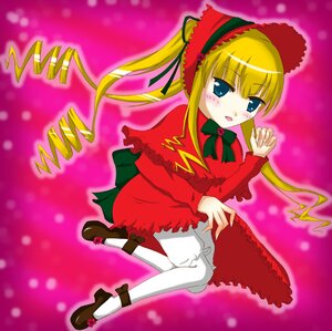 Rating: Safe Score: 0 Tags: 1girl blonde_hair blue_eyes blush bonnet bow bowtie dress drill_hair frills full_body green_bow green_neckwear image long_hair long_sleeves looking_at_viewer pantyhose pink_background red_dress shinku shoes solo twin_drills twintails white_legwear User: admin