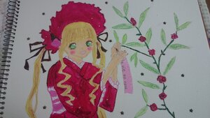 Rating: Safe Score: 0 Tags: 1girl blonde_hair bonnet dress flower green_eyes hair_ribbon image long_hair long_sleeves looking_at_viewer photo red_dress red_flower red_rose ribbon rose shinku solo traditional_media twintails upper_body watercolor_(medium) User: admin