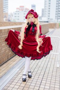 Rating: Safe Score: 0 Tags: 1girl blonde_hair blue_eyes blurry bonnet chain-link_fence depth_of_field dress flower lolita_fashion long_hair long_sleeves pantyhose red_dress rose shinku shoes solo standing tile_floor tiles white_legwear User: admin