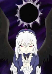 Rating: Safe Score: 0 Tags: 1girl black_wings dress feathered_wings feathers flower frilled_sleeves frills hairband image long_hair long_sleeves looking_at_viewer red_eyes ribbon rose solo suigintou wings User: admin