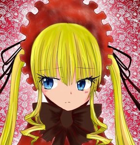Rating: Safe Score: 0 Tags: 1girl >:( bangs blonde_hair blue_eyes bonnet bow bowtie closed_mouth drill_hair eyebrows_visible_through_hair frills frown image long_hair looking_at_viewer portrait shinku sidelocks solo twin_drills twintails User: admin