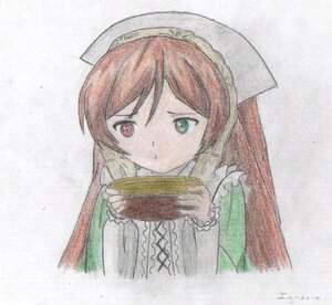 Rating: Safe Score: 0 Tags: 1girl brown_hair closed_mouth dress frills green_dress green_eyes hat heterochromia holding image long_hair long_sleeves looking_at_viewer red_eyes simple_background solo suiseiseki traditional_media upper_body User: admin