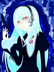 Rating: Safe Score: 0 Tags: 1girl black_dress blue_background doll_joints dress feathers flower hairband image joints juliet_sleeves long_hair long_sleeves looking_at_viewer puffy_sleeves red_eyes ribbon rose solo suigintou upper_body white_hair wings User: admin