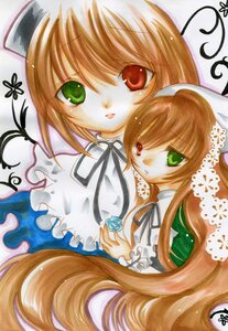 Rating: Safe Score: 0 Tags: 2girls black_ribbon brown_hair dress green_eyes hat head_scarf heterochromia image long_hair long_sleeves looking_at_viewer marker_(medium) multiple_girls pair red_eyes ribbon short_hair siblings sisters souseiseki suiseiseki traditional_media twins very_long_hair User: admin