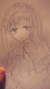 Rating: Safe Score: 0 Tags: 1girl bangs dress eyebrows_visible_through_hair image long_hair looking_at_viewer monochrome parted_lips shinku sketch solo traditional_media upper_body User: admin