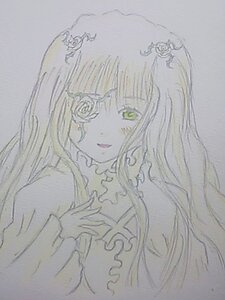 Rating: Safe Score: 0 Tags: 1girl bangs dress flower green_eyes hair_ornament image kirakishou long_hair long_sleeves looking_at_viewer simple_background solo traditional_media upper_body User: admin