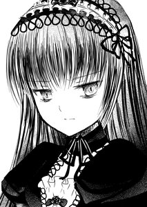 Rating: Safe Score: 0 Tags: 1girl bangs blush closed_mouth dress eyebrows_visible_through_hair gothic_lolita greyscale hairband image lolita_fashion long_hair looking_at_viewer monochrome ribbon simple_background smile solo suigintou upper_body white_background User: admin