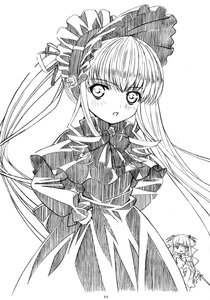 Rating: Safe Score: 0 Tags: 2girls blush bonnet bow dress drill_hair greyscale hair_ribbon hairband image long_hair looking_at_viewer monochrome multiple_girls open_mouth ribbon shinku simple_background solo suigintou twintails white_background User: admin