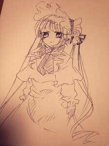 Rating: Safe Score: 0 Tags: 1girl ascot capelet dress eyebrows_visible_through_hair flower hair_ornament image long_hair long_sleeves looking_at_viewer monochrome shinku smile solo traditional_media User: admin