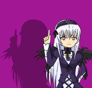 Rating: Safe Score: 0 Tags: 1girl black_ribbon black_wings cross-laced_clothes detached_collar dress flower frills hairband image index_finger_raised long_hair long_sleeves looking_at_viewer pink_eyes pointing purple_background ribbon rose silver_hair simple_background solo suigintou upper_body wings User: admin