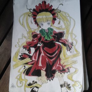 Rating: Safe Score: 0 Tags: 1girl blonde_hair blue_eyes bonnet bow bowtie dress frills full_body green_bow green_neckwear image long_hair long_sleeves looking_at_viewer marker_(medium) photo shikishi shinku shoes signature solo standing traditional_media twintails very_long_hair User: admin