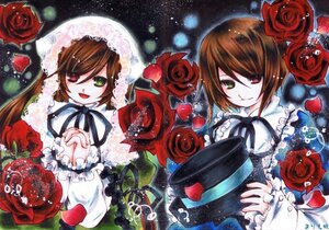 Rating: Safe Score: 0 Tags: 2girls brown_hair dress flower frills green_dress green_eyes hat heterochromia holding_hands image long_hair long_sleeves looking_at_viewer multiple_girls pair red_eyes red_flower red_rose rose short_hair siblings sisters smile souseiseki suiseiseki top_hat traditional_media twins watering_can User: admin