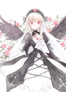 Rating: Safe Score: 0 Tags: 1girl black_dress black_ribbon black_wings dress flower frills hairband image long_hair long_sleeves looking_at_viewer pink_eyes pink_flower pink_rose red_eyes red_flower red_rose ribbon rose silver_hair smile solo suigintou traditional_media watercolor_(medium) wings User: admin