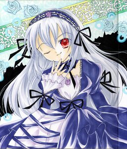 Rating: Safe Score: 0 Tags: 1girl black_ribbon blue_flower dress finger_to_mouth flower frills hairband image juliet_sleeves long_hair long_sleeves looking_at_viewer one_eye_closed puffy_sleeves red_eyes ribbon rose silver_hair smile solo suigintou wings User: admin