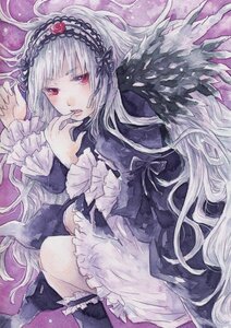 Rating: Safe Score: 0 Tags: 1girl black_wings dress feathered_wings feathers flower frilled_sleeves frills hairband image lolita_fashion long_hair long_sleeves looking_at_viewer lying on_side red_eyes ribbon rose silver_hair solo suigintou traditional_media very_long_hair watercolor_(medium) wings User: admin