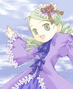 Rating: Safe Score: 0 Tags: 1girl :d bow day dress drill_hair frills green_eyes green_hair image kanaria long_sleeves open_mouth outdoors rose smile solo twin_drills water User: admin