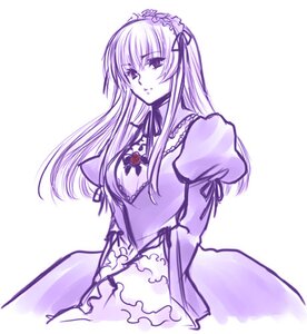 Rating: Safe Score: 0 Tags: 1girl detached_collar dress flower frills hairband image juliet_sleeves long_hair long_sleeves looking_at_viewer monochrome puffy_sleeves purple_theme ribbon rose simple_background solo standing suigintou white_background User: admin