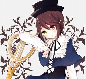 Rating: Safe Score: 0 Tags: 1girl brown_hair dress green_eyes hat heterochromia image long_sleeves looking_at_viewer pointy_ears red_eyes ribbon short_hair smile solo souseiseki top_hat User: admin