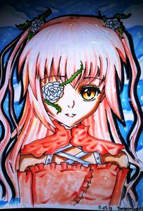 Rating: Safe Score: 0 Tags: 1girl bangs flower hair_ornament image kirakishou long_hair looking_at_viewer pink_hair plant solo traditional_media upper_body User: admin