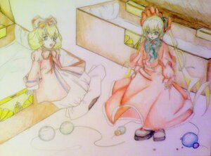 Rating: Safe Score: 0 Tags: 2girls blonde_hair bow colored_pencil_(medium) dress hair_bow hinaichigo image long_hair long_sleeves multiple_girls pair shinku short_hair standing traditional_media User: admin