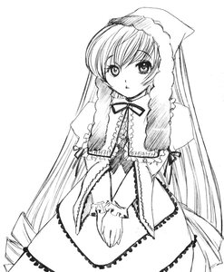 Rating: Safe Score: 0 Tags: 1girl dress drill_hair frills greyscale image long_hair long_sleeves looking_at_viewer monochrome ribbon simple_background solo suiseiseki very_long_hair User: admin