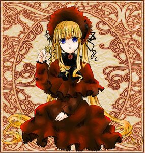 Rating: Safe Score: 0 Tags: 1girl blonde_hair blue_eyes bonnet bow capelet dress flower image long_hair long_sleeves looking_at_viewer red_dress shinku solo very_long_hair User: admin