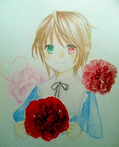 Rating: Safe Score: 0 Tags: 1girl blonde_hair blue_dress bouquet brown_hair dress flower green_eyes heart heterochromia image long_sleeves looking_at_viewer red_eyes red_flower red_rose rose short_hair simple_background smile solo souseiseki suiseiseki traditional_media upper_body User: admin