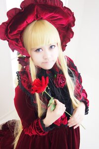 Rating: Safe Score: 0 Tags: 1girl bangs blonde_hair blue_eyes bonnet bow dress flower holding_flower long_hair long_sleeves looking_at_viewer red_dress red_flower red_rose rose shinku sidelocks solo striped User: admin