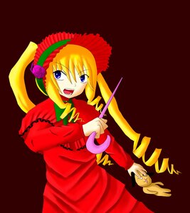 Rating: Safe Score: 0 Tags: 1girl :d blonde_hair blue_eyes cowboy_shot dress drill_hair flower holding image long_hair long_sleeves looking_at_viewer open_mouth red_dress rose shinku simple_background solo standing twin_drills twintails User: admin