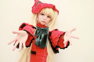 Rating: Safe Score: 0 Tags: 1girl bangs blonde_hair blue_eyes bow bowtie dress lips long_hair long_sleeves looking_at_viewer outstretched_arm outstretched_hand photo reaching reaching_out realistic red_dress shinku solo upper_body User: admin