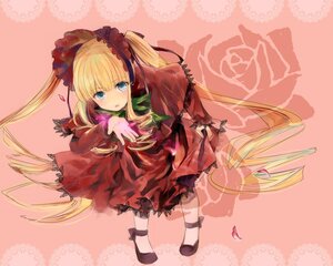 Rating: Safe Score: 0 Tags: 1girl blonde_hair blue_eyes blush bonnet bow bowtie commentary_request dress full_body image itonoko long_hair long_sleeves looking_at_viewer petals photoshop_(medium) pink_background red_dress rozen_maiden shinku solo twintails User: admin