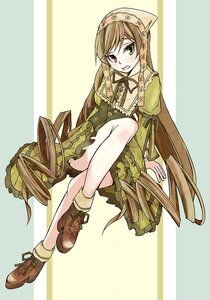 Rating: Safe Score: 0 Tags: 1girl blush boots brown_footwear brown_hair dress frills full_body green_dress green_eyes head_scarf heterochromia image long_hair long_sleeves open_mouth red_eyes sitting solo suiseiseki very_long_hair User: admin