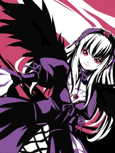 Rating: Safe Score: 0 Tags: 1girl black_wings dress flower frills hairband image long_hair long_sleeves looking_at_viewer pink_eyes puffy_sleeves rose solo suigintou wings User: admin